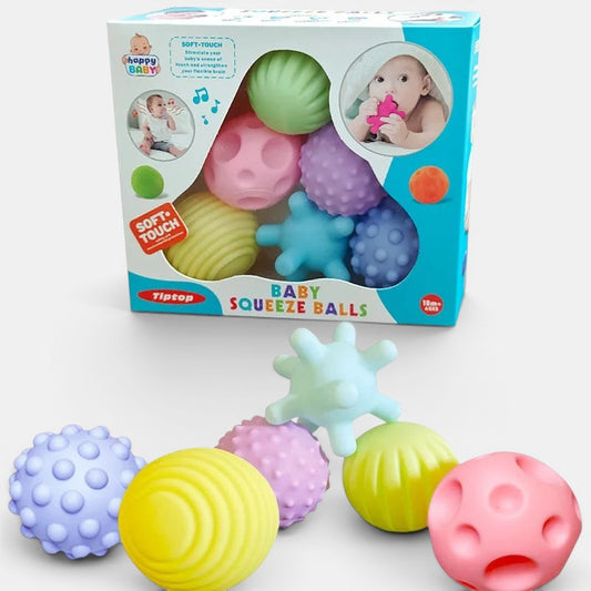 Petit Éveil Montessori : lot de 6 balles sensorielles texturées pour bébé, couleurs pastel, idéales pour l'éveil tactile et la motricité.