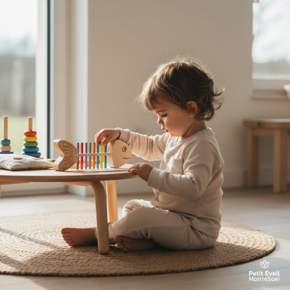 Bâton d'équilibre en bois Petit Éveil Montessori en forme de poisson avec des bâtonnets colorés pour l'apprentissage des couleurs et de la motricité.