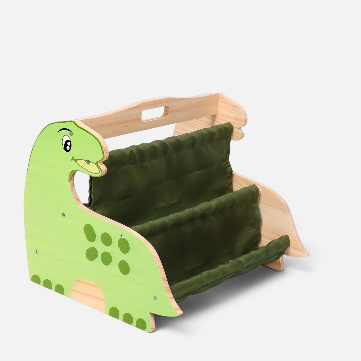 Bibliothèque pour enfant Petit Éveil Montessori en bois avec motif dinosaure vert et deux niveaux de rangement en tissu