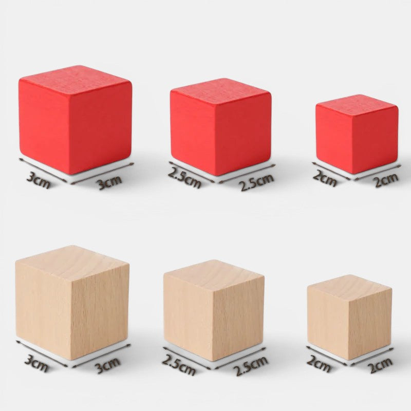 Petit Éveil Montessori : Blocs de construction cubiques en bois naturel et rouge, tailles variées, jeu éducatif pour enfants.