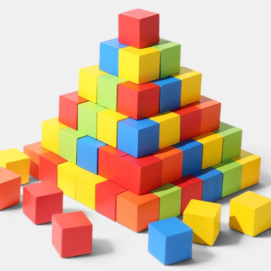 Petit Éveil Montessori : Blocs de construction en bois colorés, jeu éducatif pour enfants, développement de la motricité et créativité.