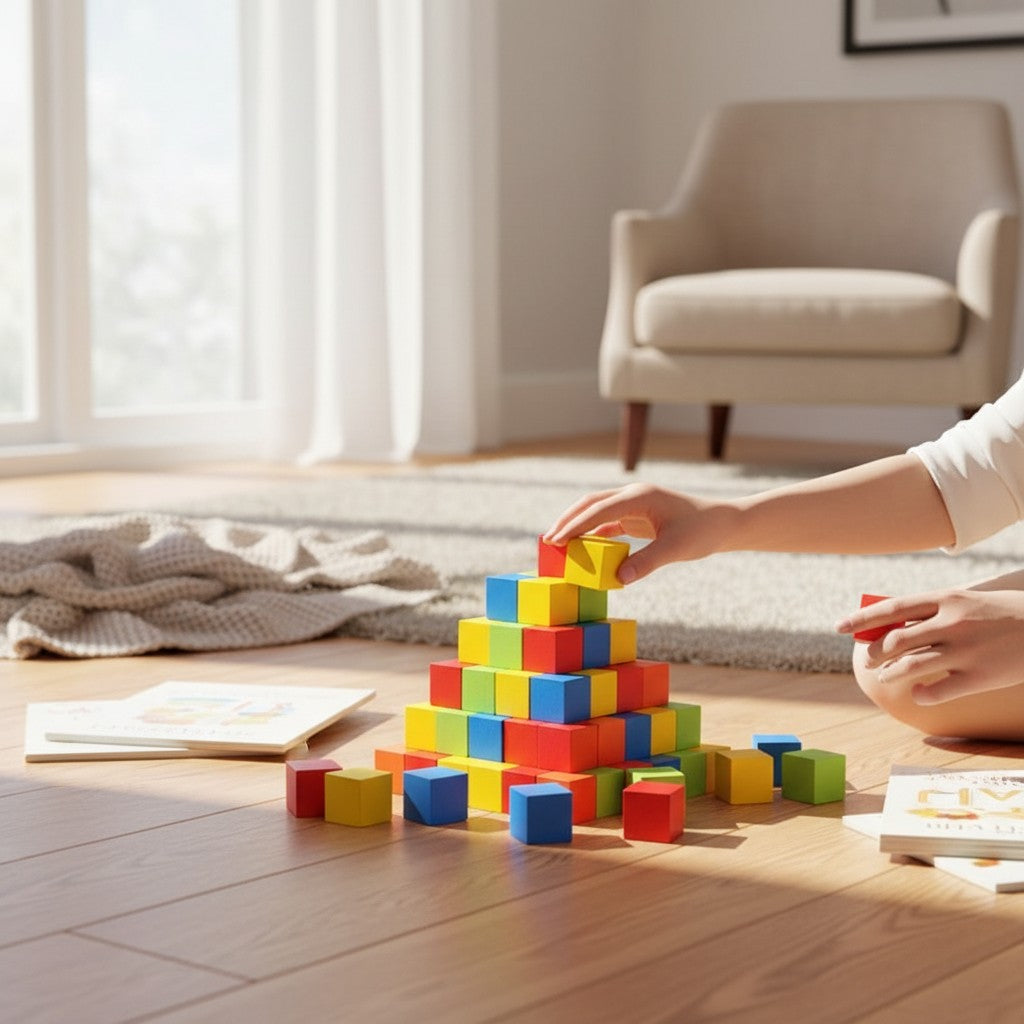 Petit Éveil Montessori : Blocs de construction en bois colorés pour enfants, jeu éducatif stimulant la créativité et la motricité.