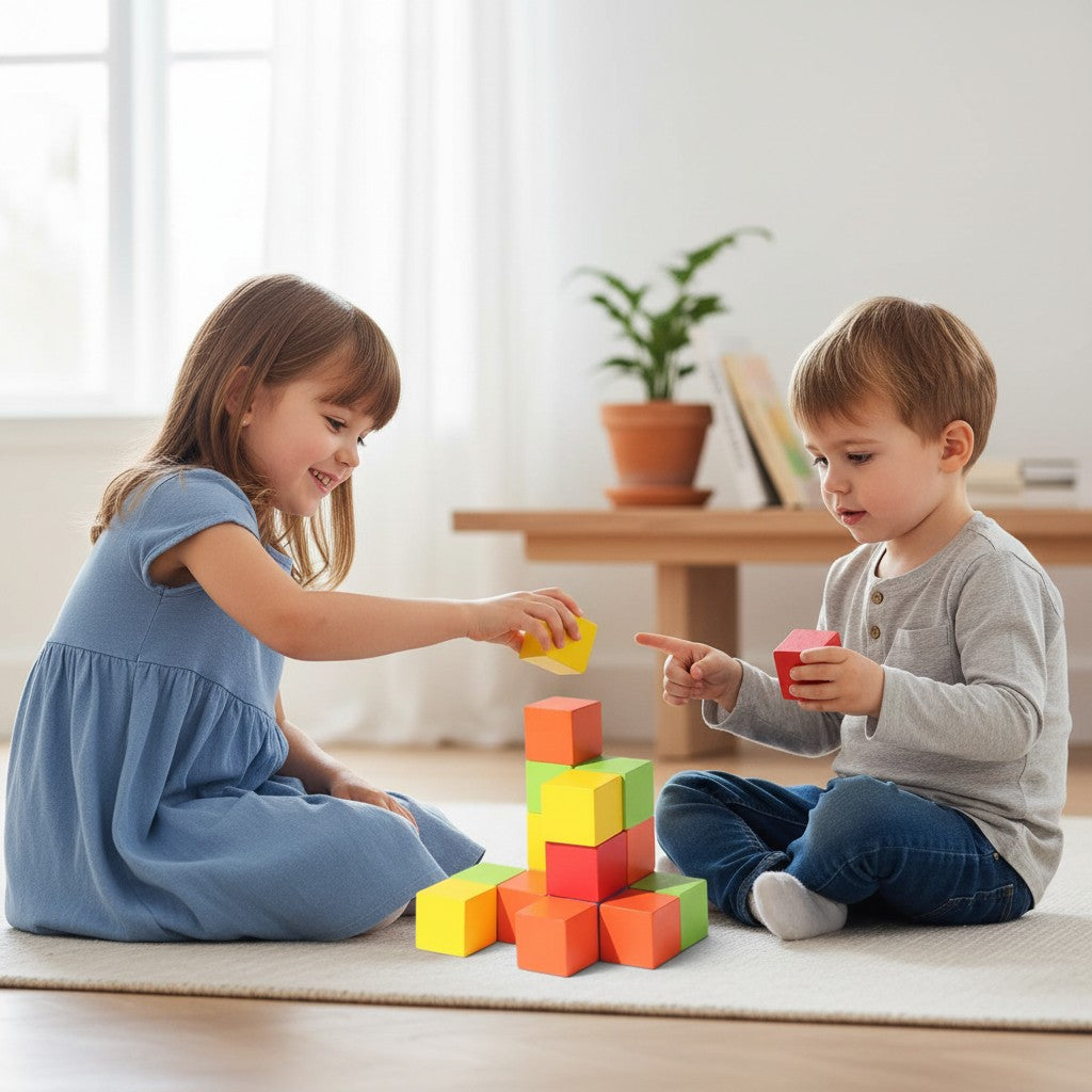 Petit Éveil Montessori : Blocs de construction en bois colorés, jeu éducatif pour enfants, stimule la créativité et la motricité.