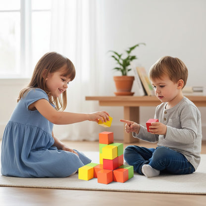 Petit Éveil Montessori : Blocs de construction en bois colorés, jeu éducatif pour enfants, stimule la créativité et la motricité.