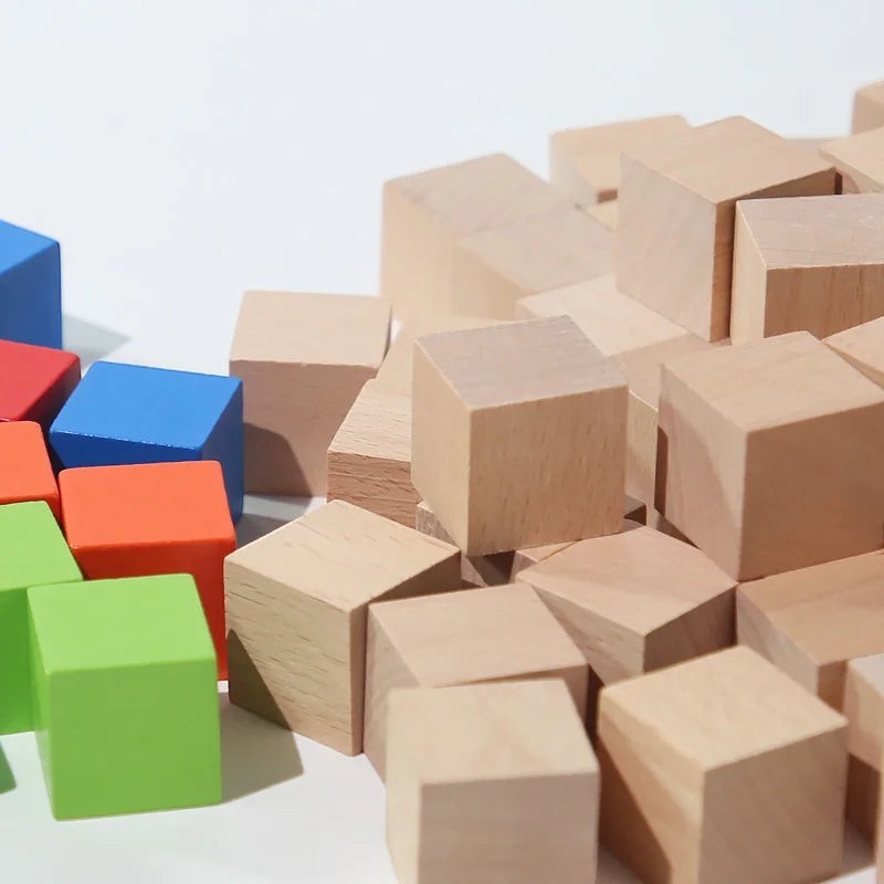 Petit Éveil Montessori - Blocs de construction en bois naturel et colorés (bleu, rouge, orange, vert) pour enfants, jeu éducatif