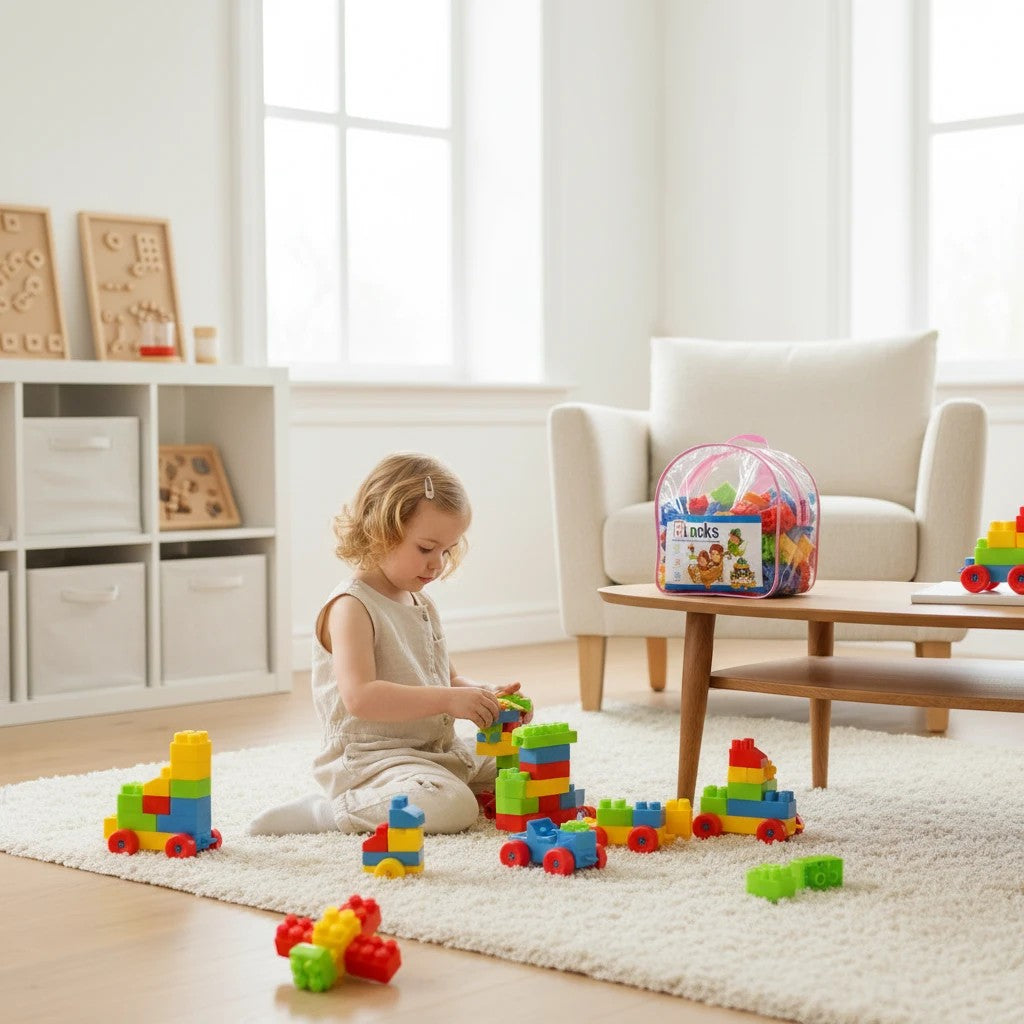Petit Éveil Montessori : enfant jouant avec des blocs de construction colorés, stimulant la créativité et la motricité.