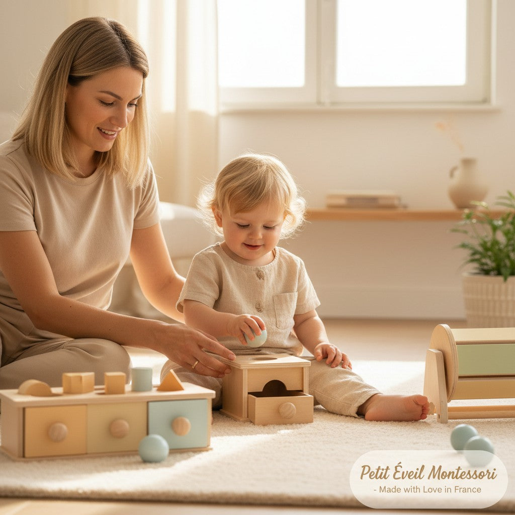 Boîte à monnaie en bois Montessori Petit Éveil Montessori avec formes géométriques et tiroirs colorés pour l'apprentissage.
