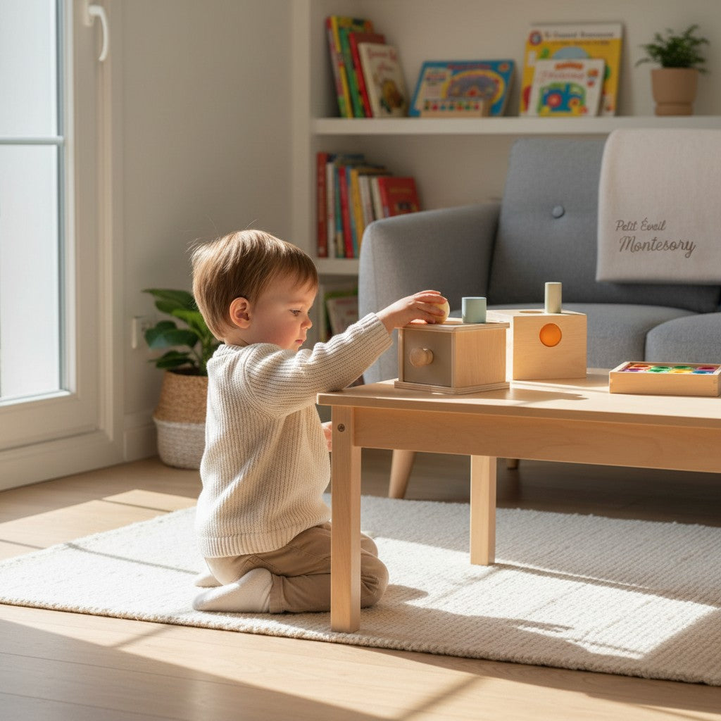 Boîte à monnaie en bois Montessori Petit Éveil Montessori avec des formes et des balles de différentes couleurs pour l'apprentissage.
