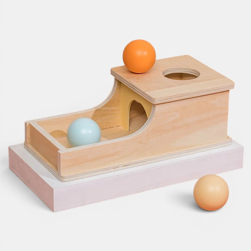 Boîte à monnaie en bois Montessori Petit Éveil Montessori avec 3 balles de jeu (bleu, orange, beige)