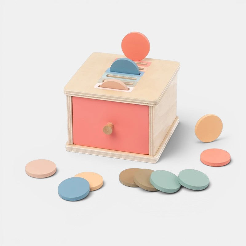 Boîte de tri de formes en bois Petit Éveil Montessori avec des disques colorés pour l'apprentissage des couleurs et des formes.