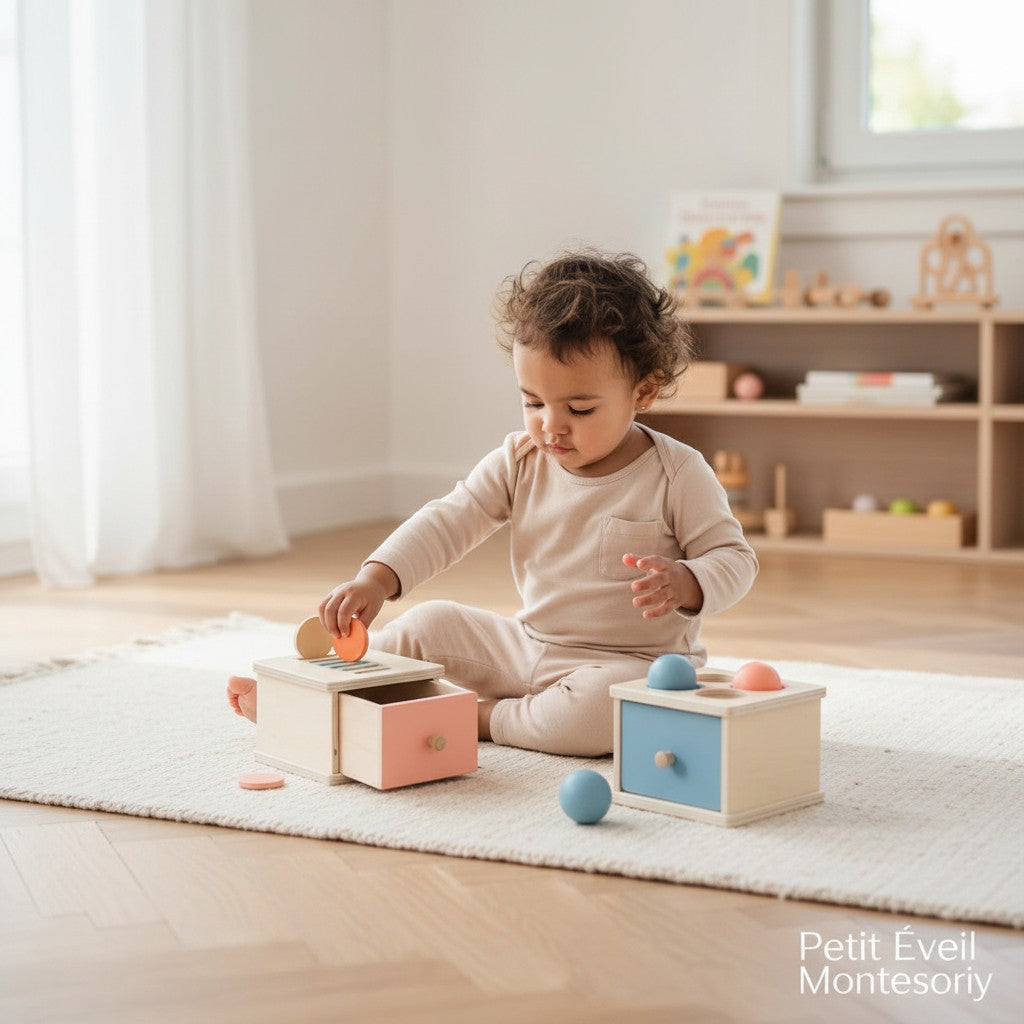 Boîte à pièces Montessori en bois avec tiroir rose et boules de tri colorées. Petit Éveil Montessori.