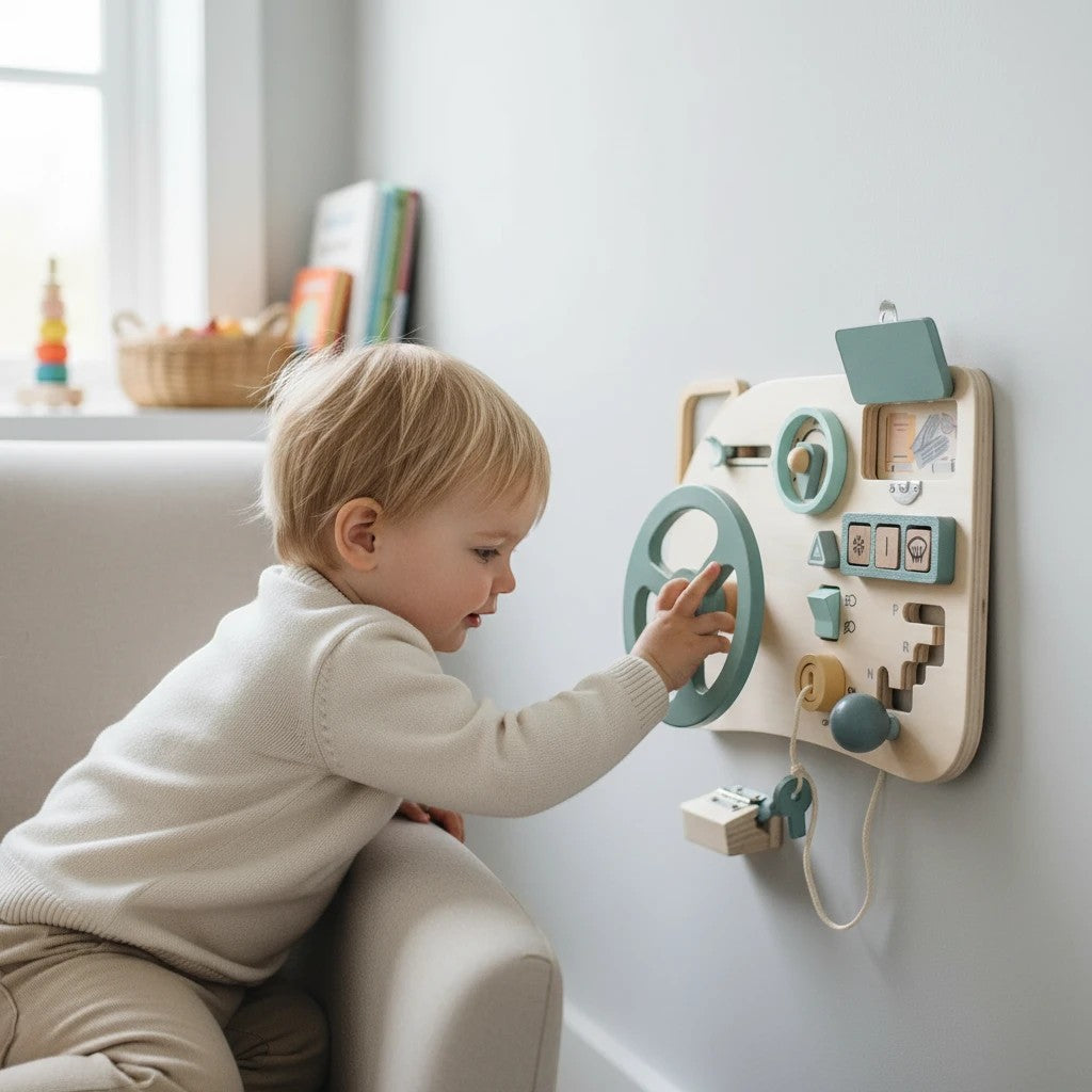 Enfant jouant avec un Busy Board Montessori en bois Petit Éveil Montessori aux tons pastel et activités sensorielles