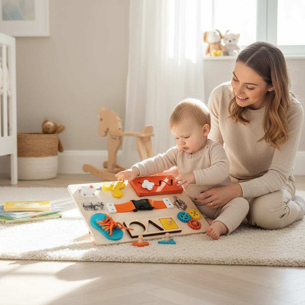 Mère et bébé jouant avec une Busy Board Montessori en bois Petit Éveil Montessori dans une chambre lumineuse