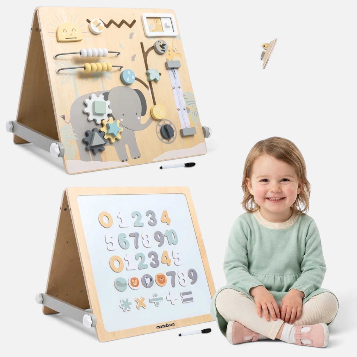 Petit Éveil Montessori busy board en bois 2-en-1 avec tableau magnétique et activités sensorielles pour enfant