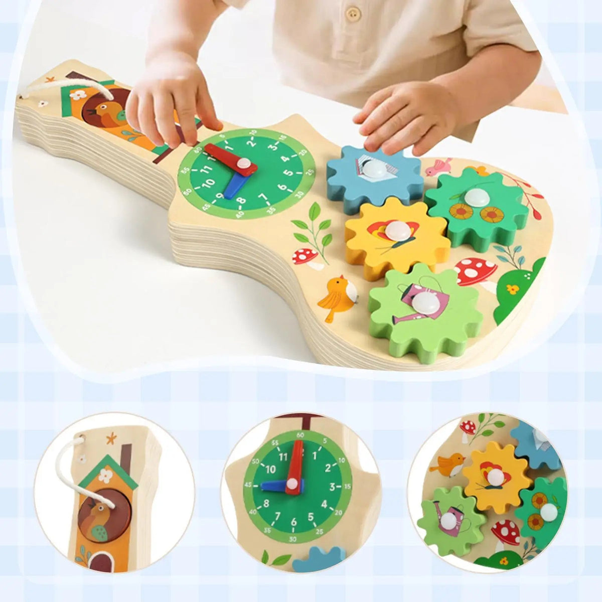 Busy Board Montessori en bois Petit Éveil Montessori en forme de guitare avec horloge, engrenages et oiseaux colorés
