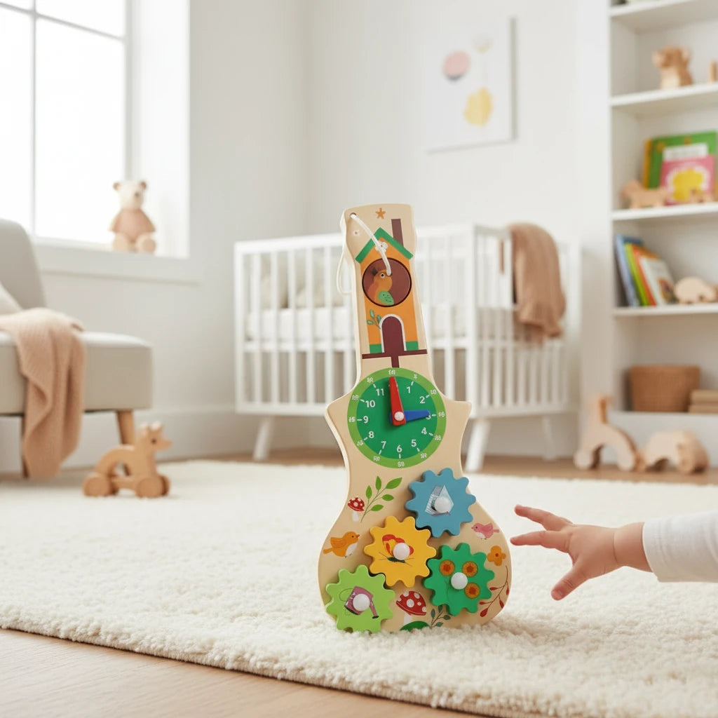 Busy Board Montessori en bois Petit Éveil Montessori avec horloge, engrenages colorés et oiseaux dans une chambre d'enfant
