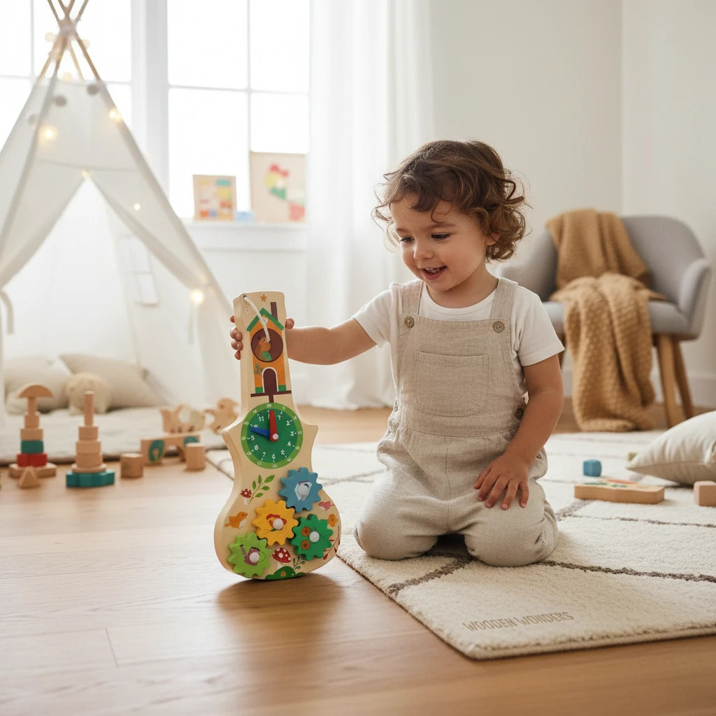 Enfant jouant avec un Busy Board en bois Petit Éveil Montessori avec horloge et engrenages dans une chambre d'enfant.