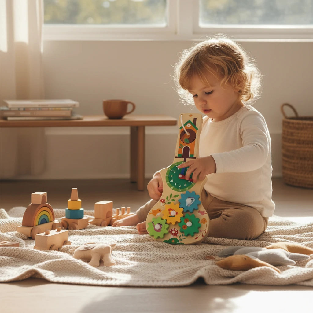Enfant jouant avec un Busy Board Montessori en bois Petit Éveil Montessori avec horloge et engrenages colorés