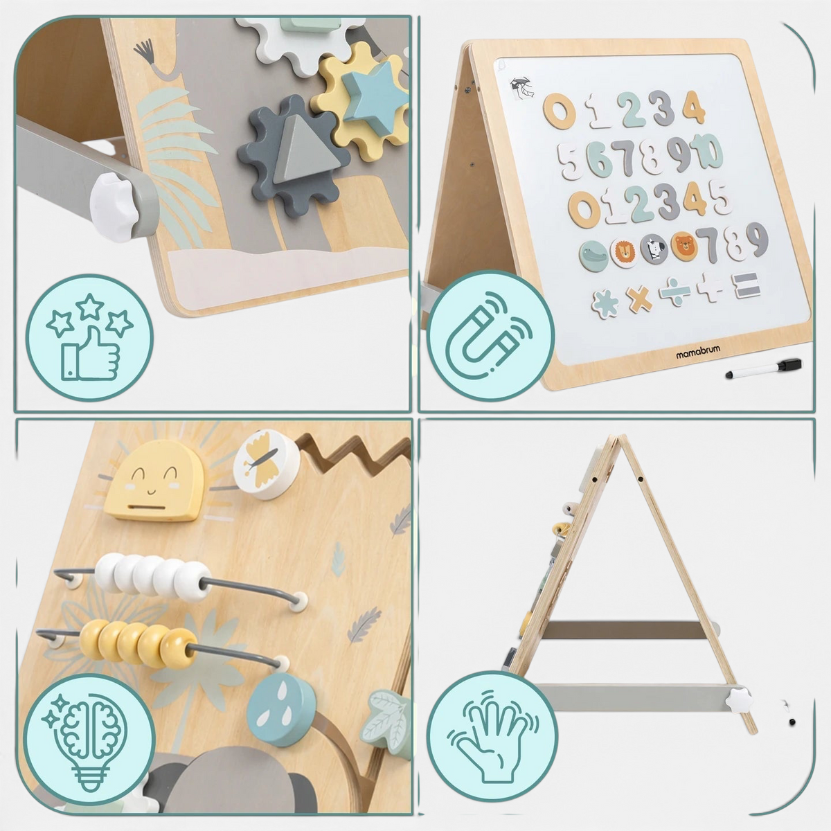 Busy board Montessori Petit Éveil Montessori en bois avec engrenages, boulier, tableau magnétique et chiffres aimantés