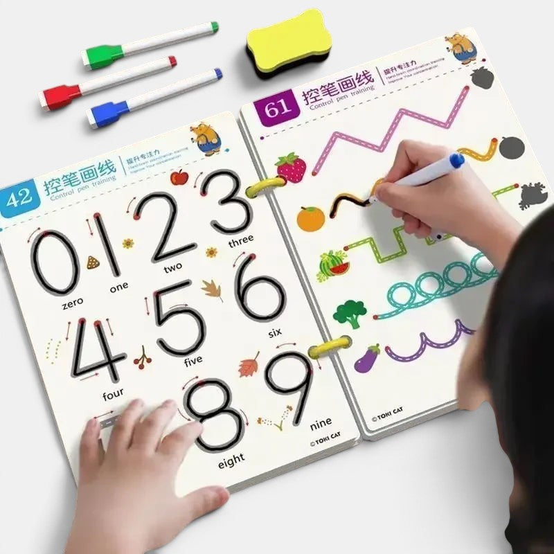Cahier d'exercices Montessori réutilisable avec chiffres et tracés pour enfants. Petit Éveil Montessori.