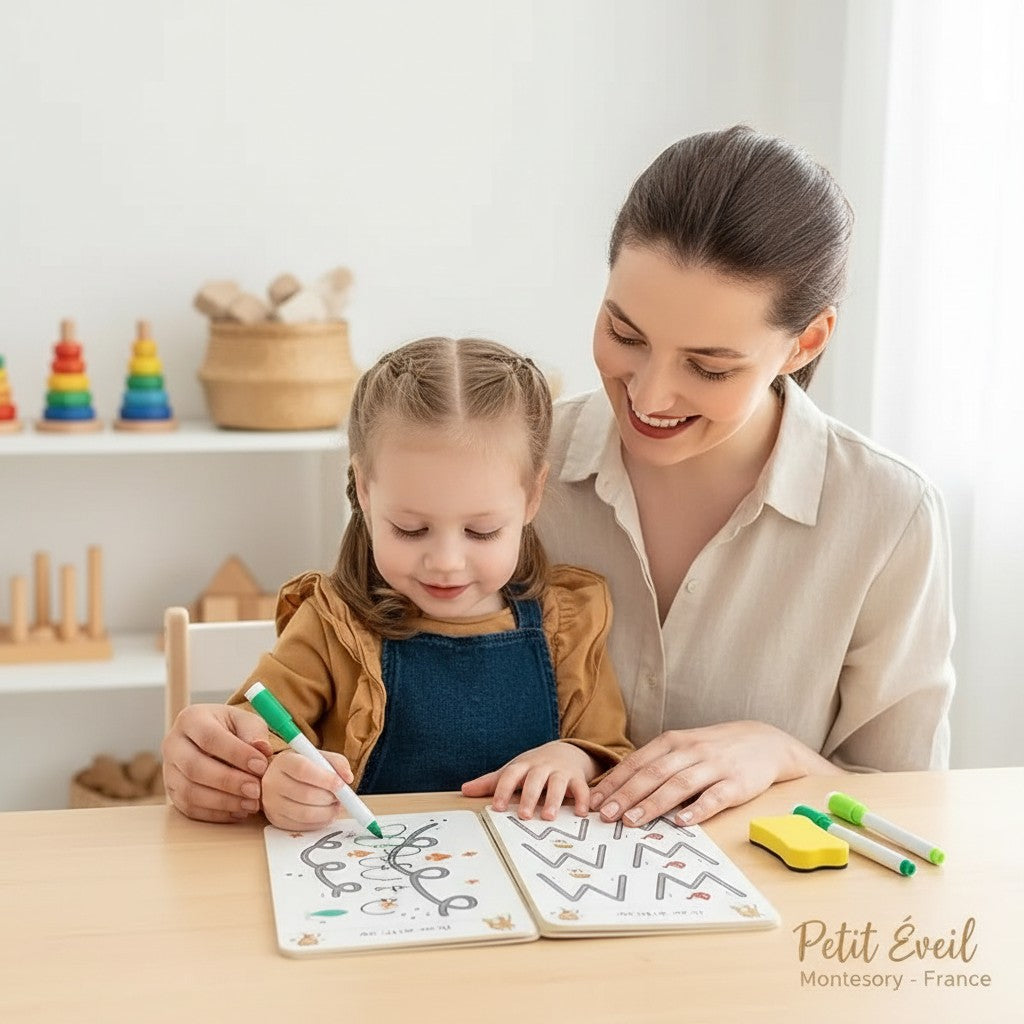 Cahier d'exercices Montessori réutilisable avec une mère et sa fille apprenant ensemble. Petit Éveil Montessori.