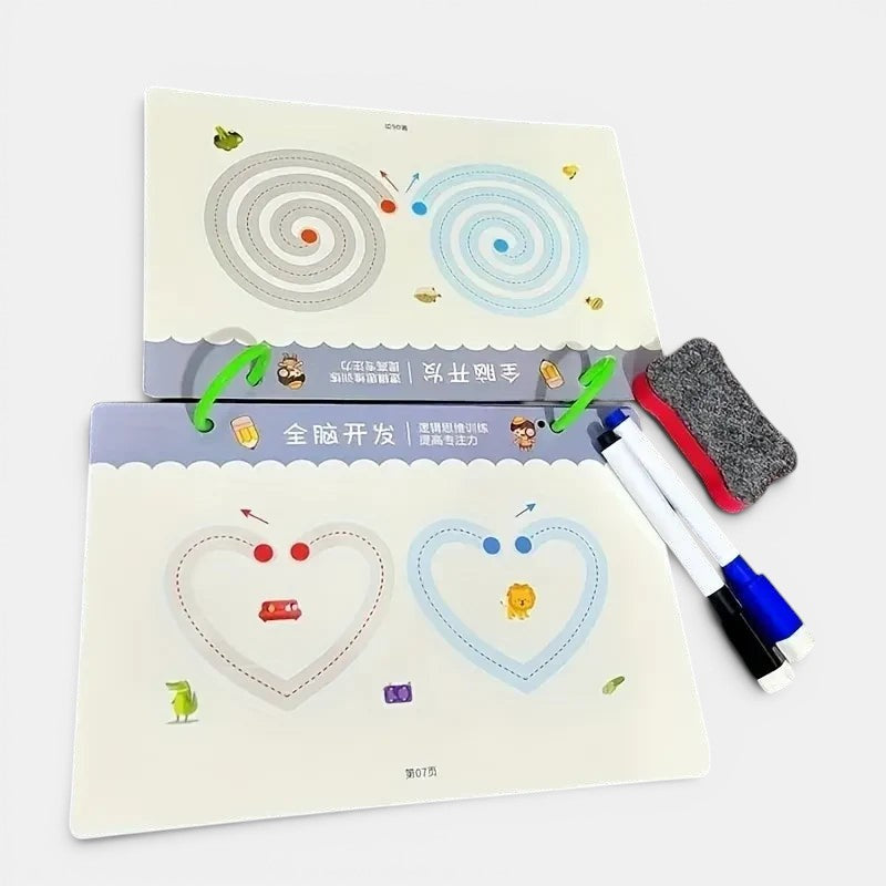 Cahier d'exercices Montessori réutilisable Petit Éveil Montessori avec stylos et gomme pour apprendre à tracer des formes.