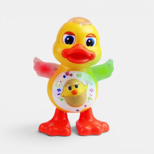 Petit Éveil Montessori yellow and red dancing duck toy with lights and music, ideal for sensory and motor development.