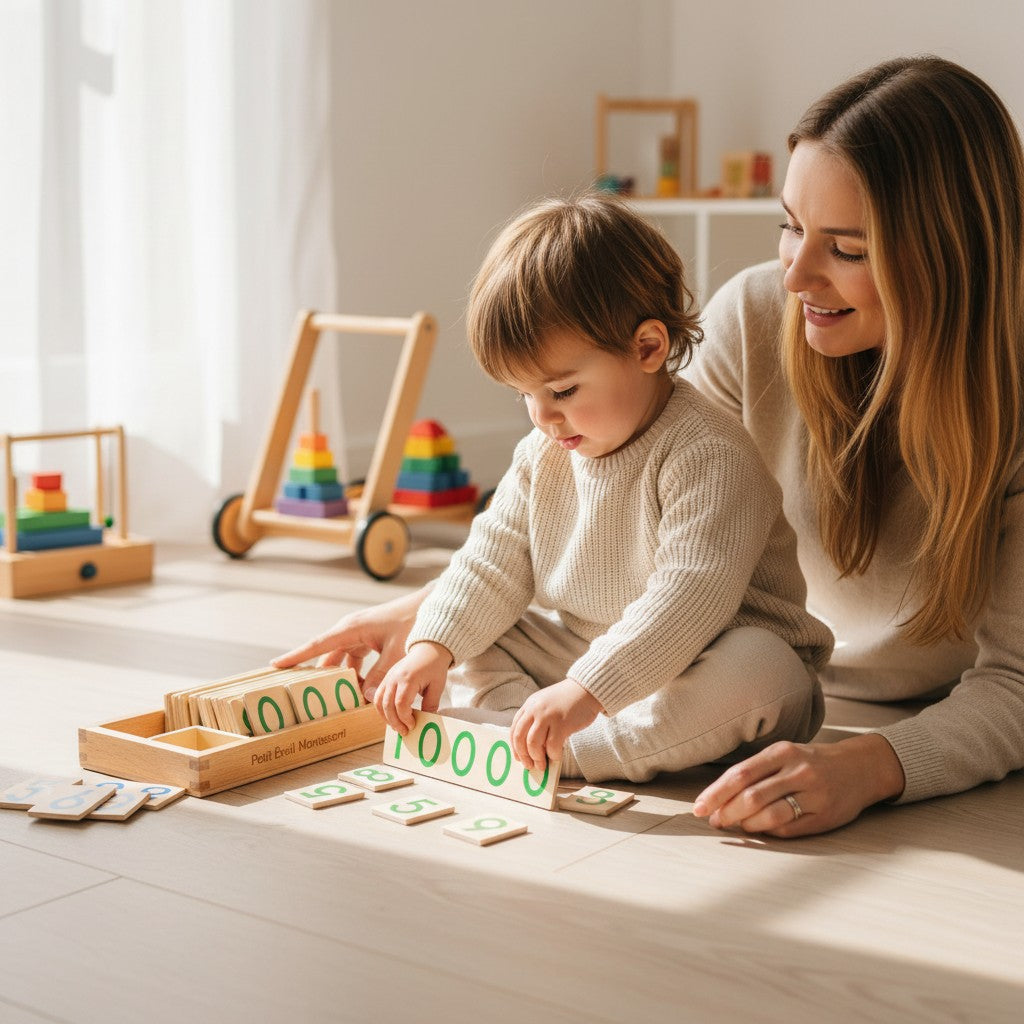 Carte de chiffres en bois Montessori Petit Éveil Montessori pour l'apprentissage des nombres, avec chiffres rouges et bleus.