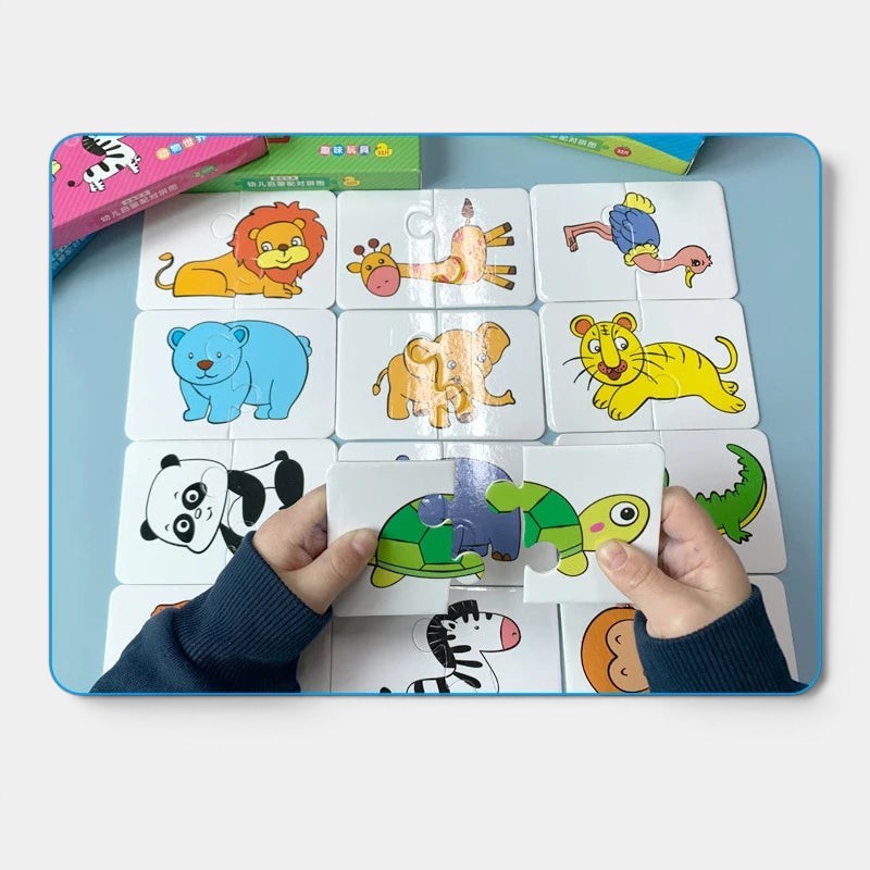 Cartes Montessori éducatives Petit Éveil Montessori : puzzles d'animaux colorés pour enfants, lion, girafe, ours, éléphant, tigre, panda, tortue, crocodile, zèbre, singe.
