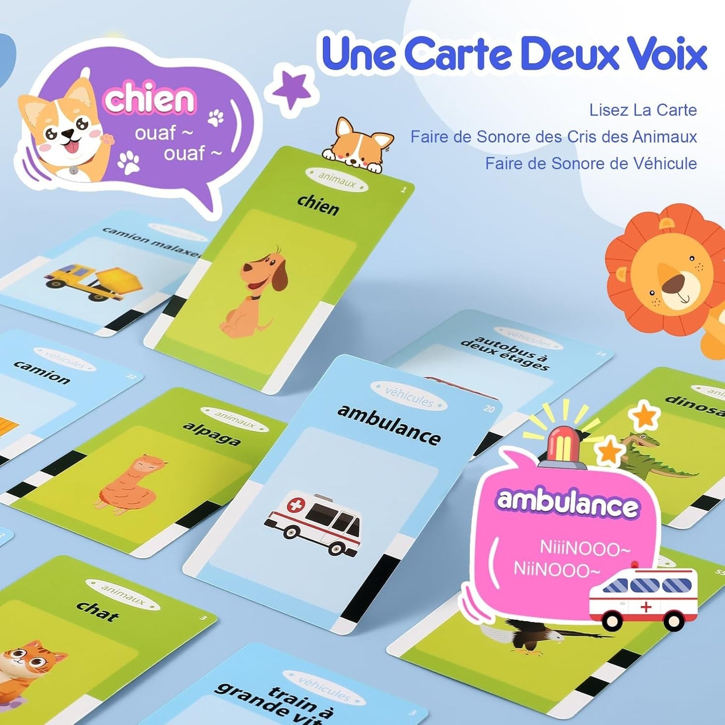 Petit Éveil Montessori : cartes éducatives parlantes avec illustrations d'animaux et véhicules pour l'apprentissage des enfants.