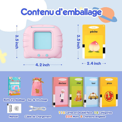 Petit Éveil Montessori : appareil rose pour cartes éducatives parlantes, avec 112 cartes illustrant fruits, animaux, professions, véhicules et aliments.