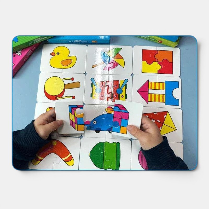 Cartes Montessori éducatives Petit Éveil Montessori : jeu de puzzle pour enfants avec illustrations colorées d'animaux et d'objets.