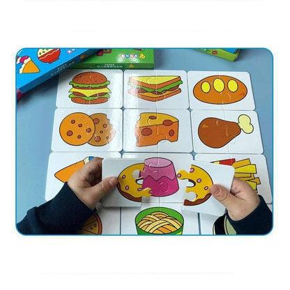 Cartes Montessori Éducatives Petit Éveil Montessori : puzzles alimentaires colorés pour enfants, incluant un hamburger, un sandwich, des biscuits, du fromage, un poulet rôti et un dessert.