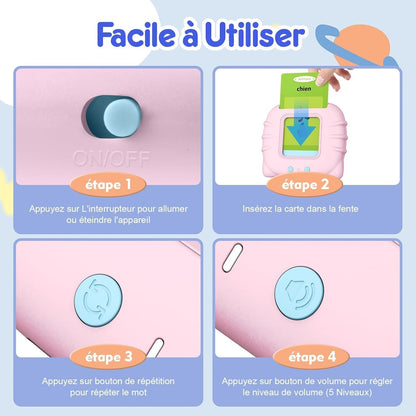 Petit Éveil Montessori : Appareil rose pour cartes éducatives, 4 étapes d'utilisation : allumer, insérer carte, répéter, régler volume.