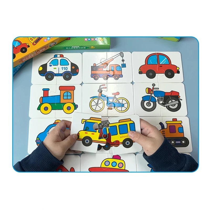 Cartes Montessori Éducatives Petit Éveil Montessori : puzzles de véhicules colorés pour enfants, police, grue, voiture, train, vélo, moto, bus scolaire.