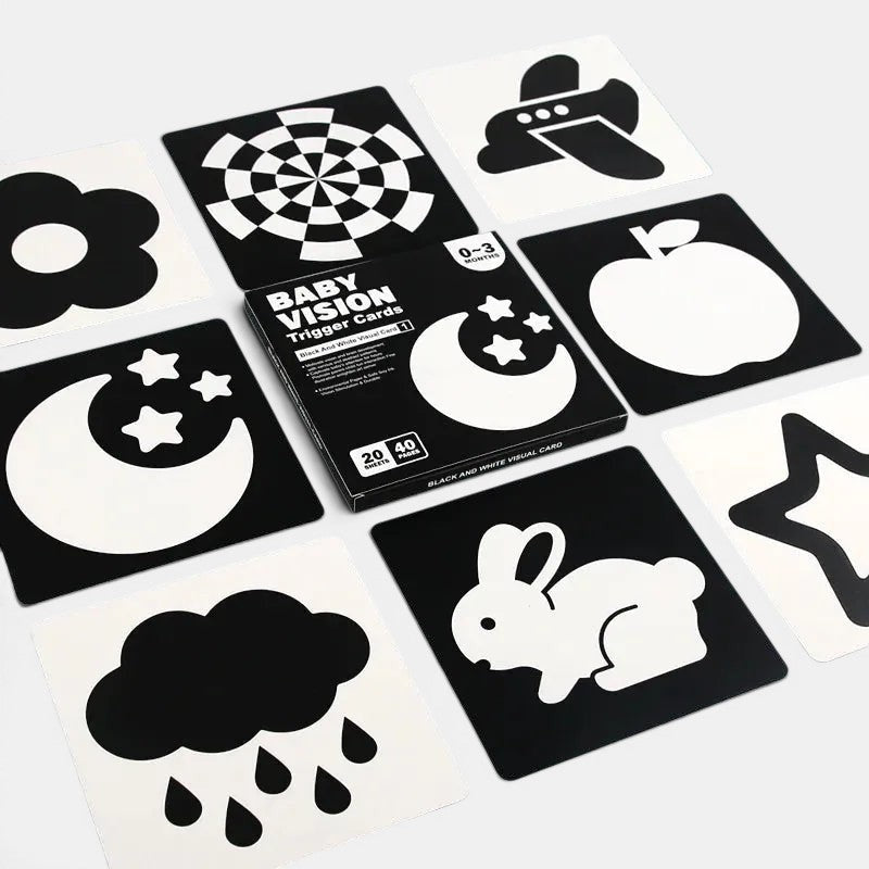 Cartes de stimulation visuelle Montessori noir et blanc Petit Éveil Montessori : lune, étoiles, lapin, nuage, avion, fleur, cible, pomme.