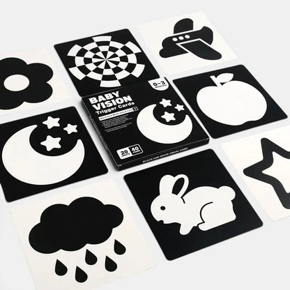 Cartes de stimulation visuelle Montessori noir et blanc Petit Éveil Montessori : lune, étoiles, lapin, nuage, avion, fleur, cible, pomme.