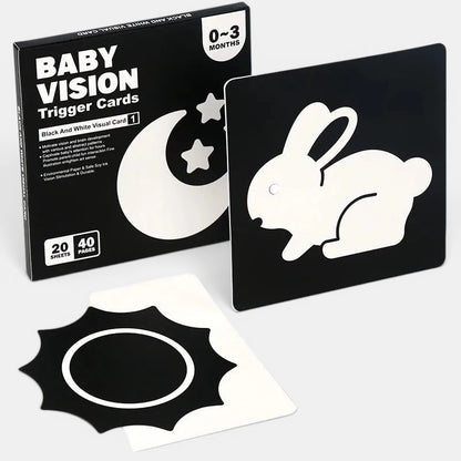 Petit Éveil Montessori : cartes de stimulation visuelle noir et blanc pour bébés, motifs lune, étoiles et lapin.