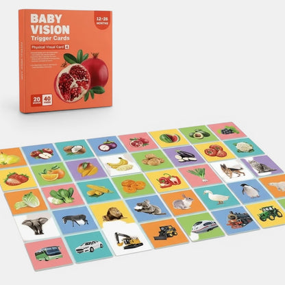 Cartes de stimulation visuelle Montessori Petit Éveil Montessori noir et blanc pour bébés 12-26 mois, avec images d'animaux, fruits, légumes et véhicules.