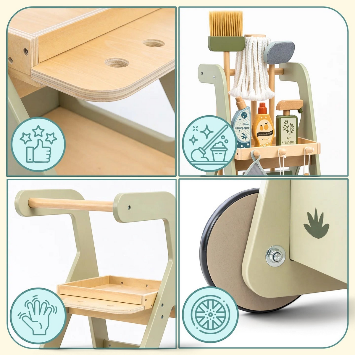 Détails du chariot de ménage en bois Petit Éveil Montessori avec accessoires, roues et étagères de rangement