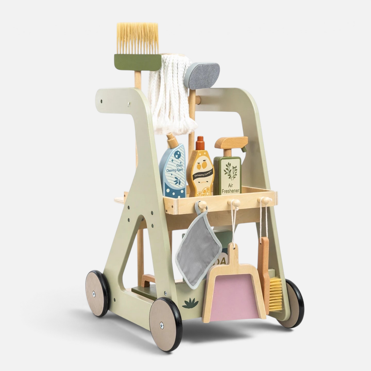Chariot de ménage Petit Éveil Montessori en bois avec 12 accessoires de nettoyage factices aux tons pastel