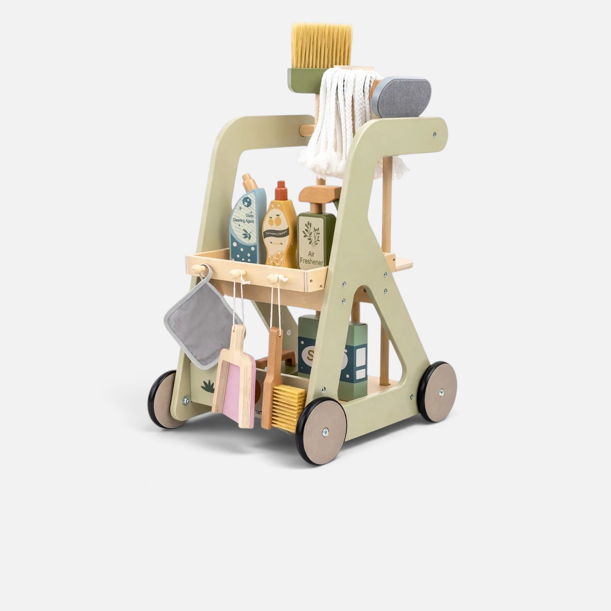 Chariot de ménage Petit Éveil Montessori en bois avec 12 accessoires de nettoyage factices aux tons pastels