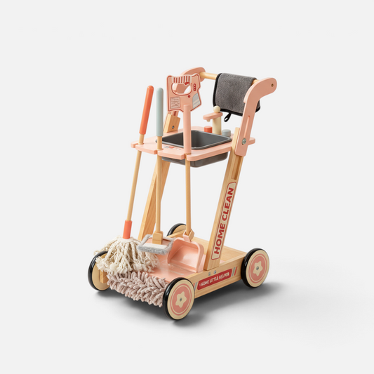 Petit Éveil Montessori Wooden Cleaning Cart with cleaning accessories for children, featuring a natural and playful design.