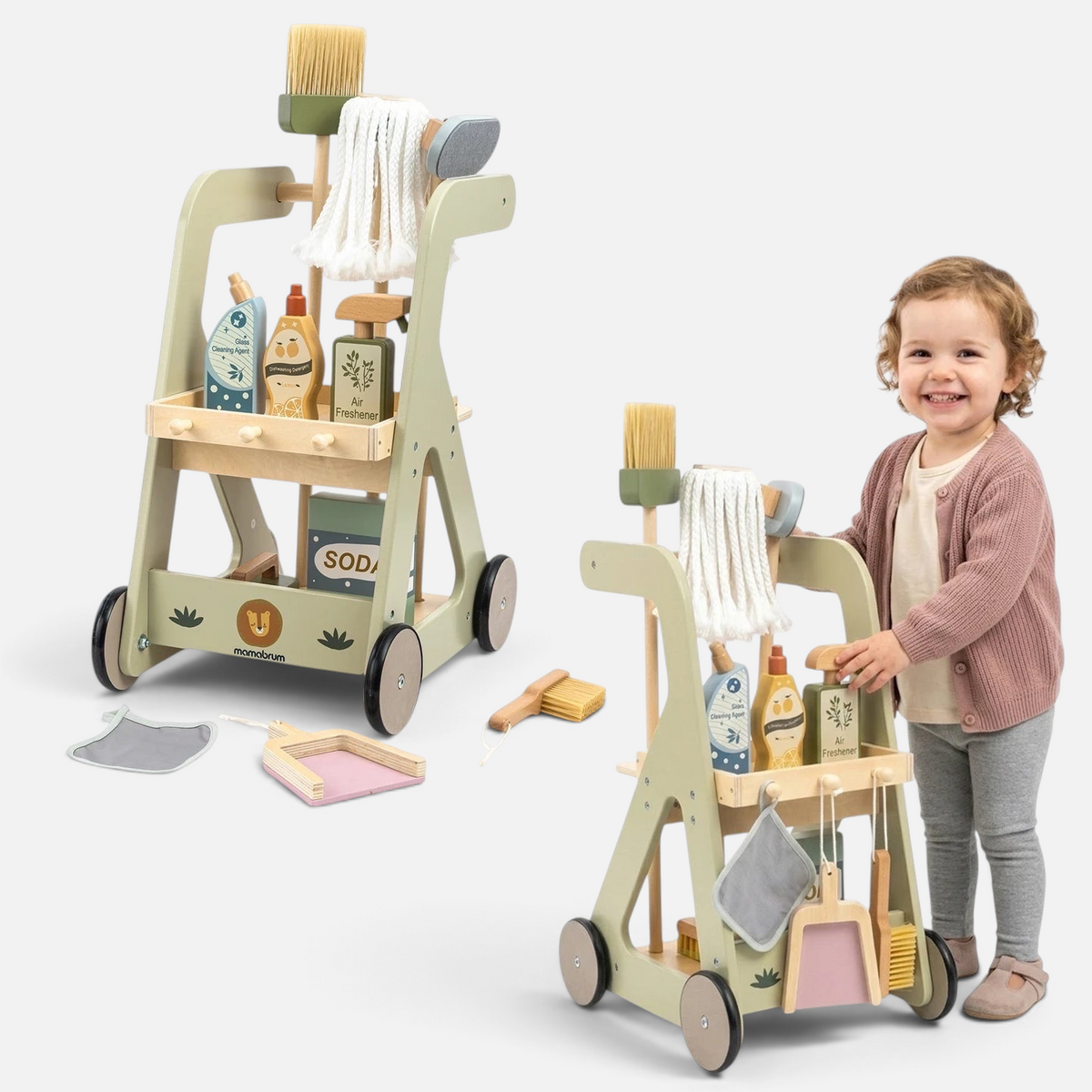 Petit Éveil Montessori wooden cleaning cart with 12 pretend accessories for children, featuring a natural and minimalist design.