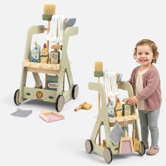 Petit Éveil Montessori chariot de ménage en bois Mamabrum avec 12 accessoires pour enfant jouant joyeusement
