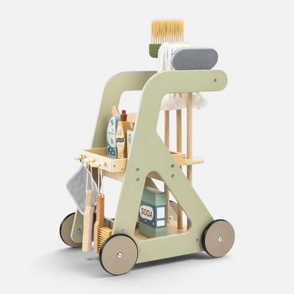 Chariot de ménage Petit Éveil Montessori en bois vert avec 12 accessoires de jeu d'imitation pour enfants