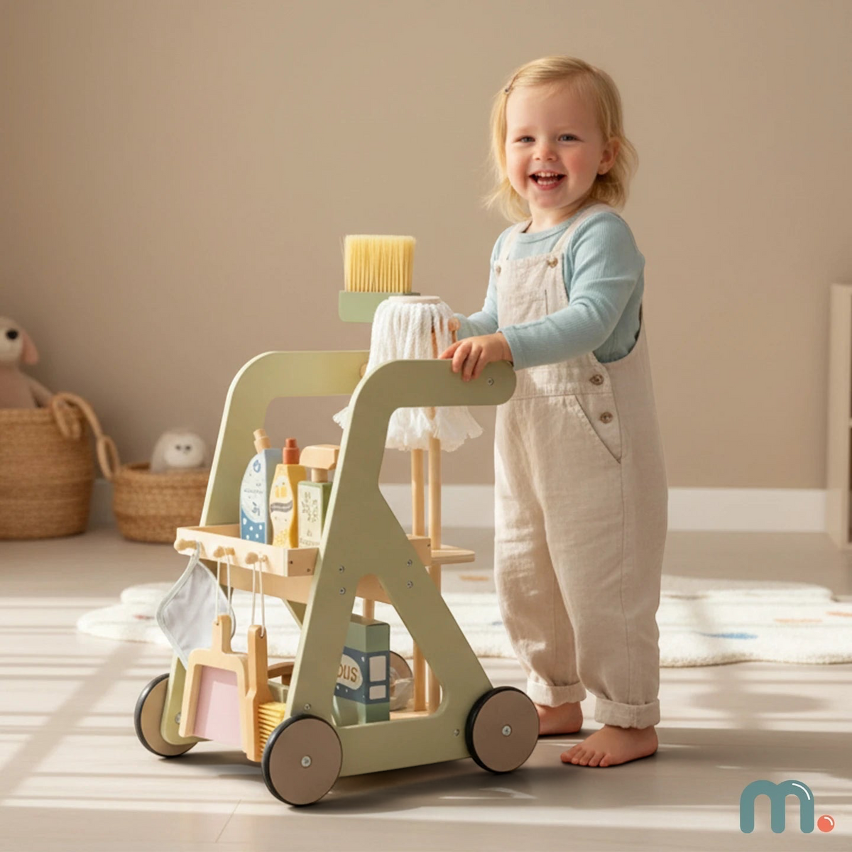 Enfant souriant jouant avec un chariot de ménage en bois Petit Éveil Montessori avec 12 accessoires de nettoyage