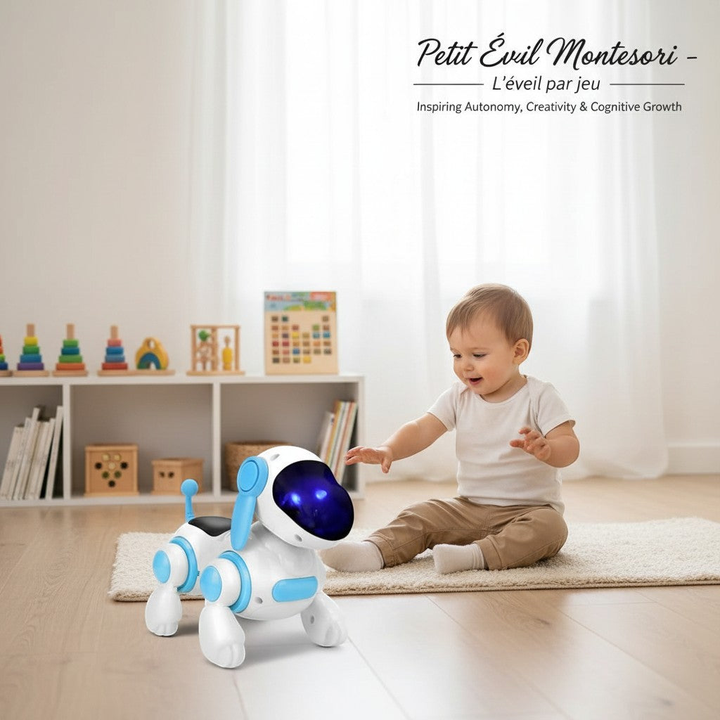 Petit Éveil Montessori chien robot interactif blanc et bleu avec écran lumineux, jouet éducatif pour bébé.
