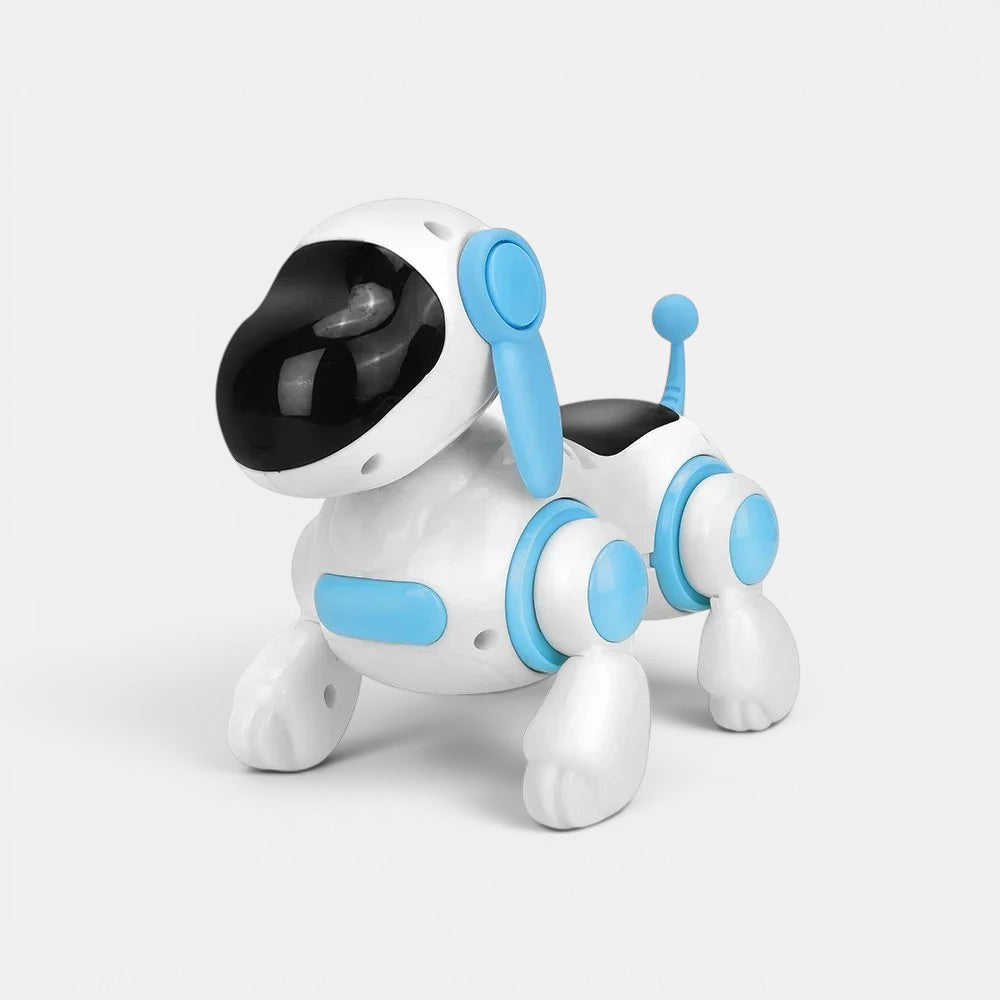 Petit Éveil Montessori chien robot interactif blanc et bleu, jouet éducatif pour enfants, stimule la curiosité et l'apprentissage.