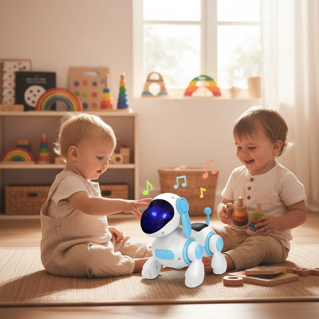 Petit Éveil Montessori chien robot interactif blanc et bleu, jouet éducatif pour enfants, avec lumières LED bleues.